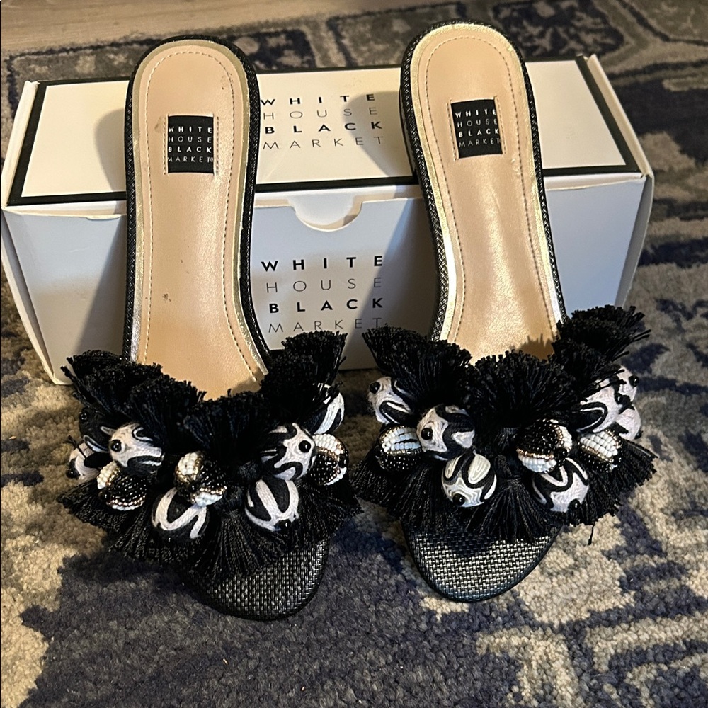 White House Black Market Black Beaded Floral Tassel Slide Mules